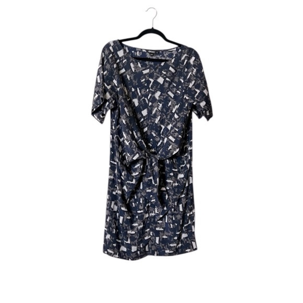 DKNY Donna Karan NY Blue Gray & Cream Silk Tie Waist Short Sleeve‎ Dress, P